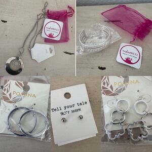 Jewelry Lot OS Silver Necklace,‎ Cuff Bracelet, Earrings 5pc NEW